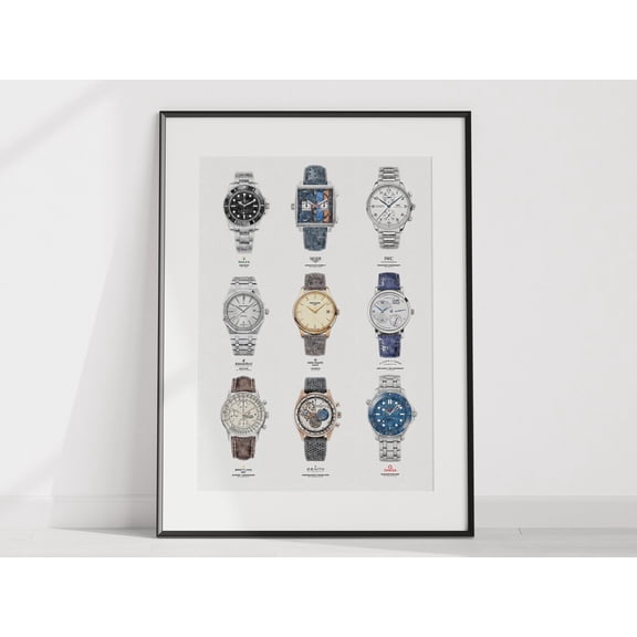 Iconic Watches Collage Poster, Technical Drawing Watch Print, Unframed Paper Poster 8x10in