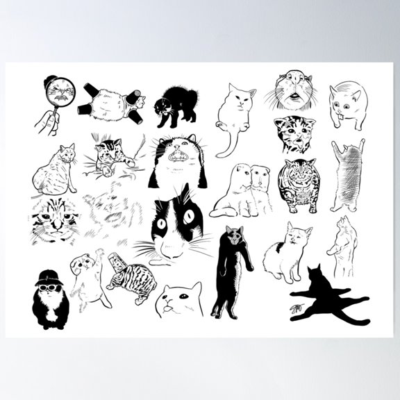 Iconic Weirdo Cats - Full Set 1 (Black) Poster Wall Art, Modern Wall Decor For Living Room Bedroom, 12x18 UNFRAMED