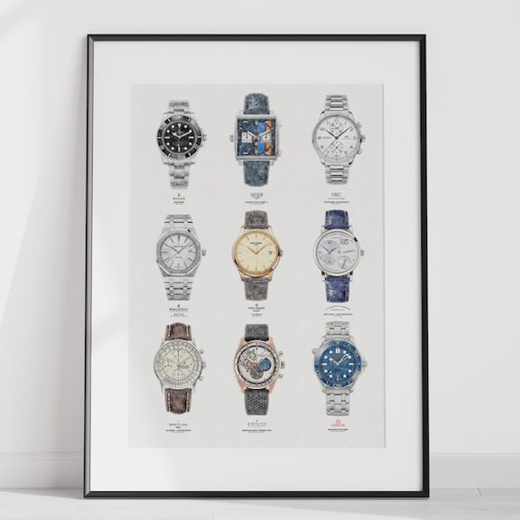 Iconic watches collage - digitally created technical drawing - watch print poster, Unframed Paper Poster 8x10in