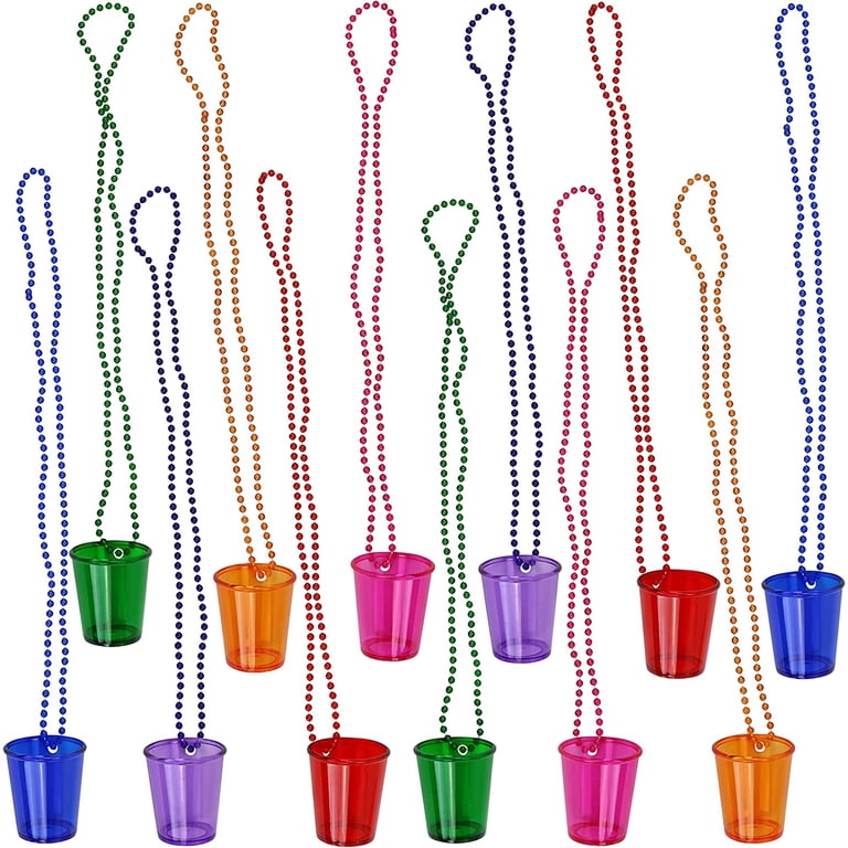 Iconikal 12-Pack Shot Glass Necklaces – 2 Oz Plastic Shot Glasses On Beaded Chains, Assorted Colors, Party Essential