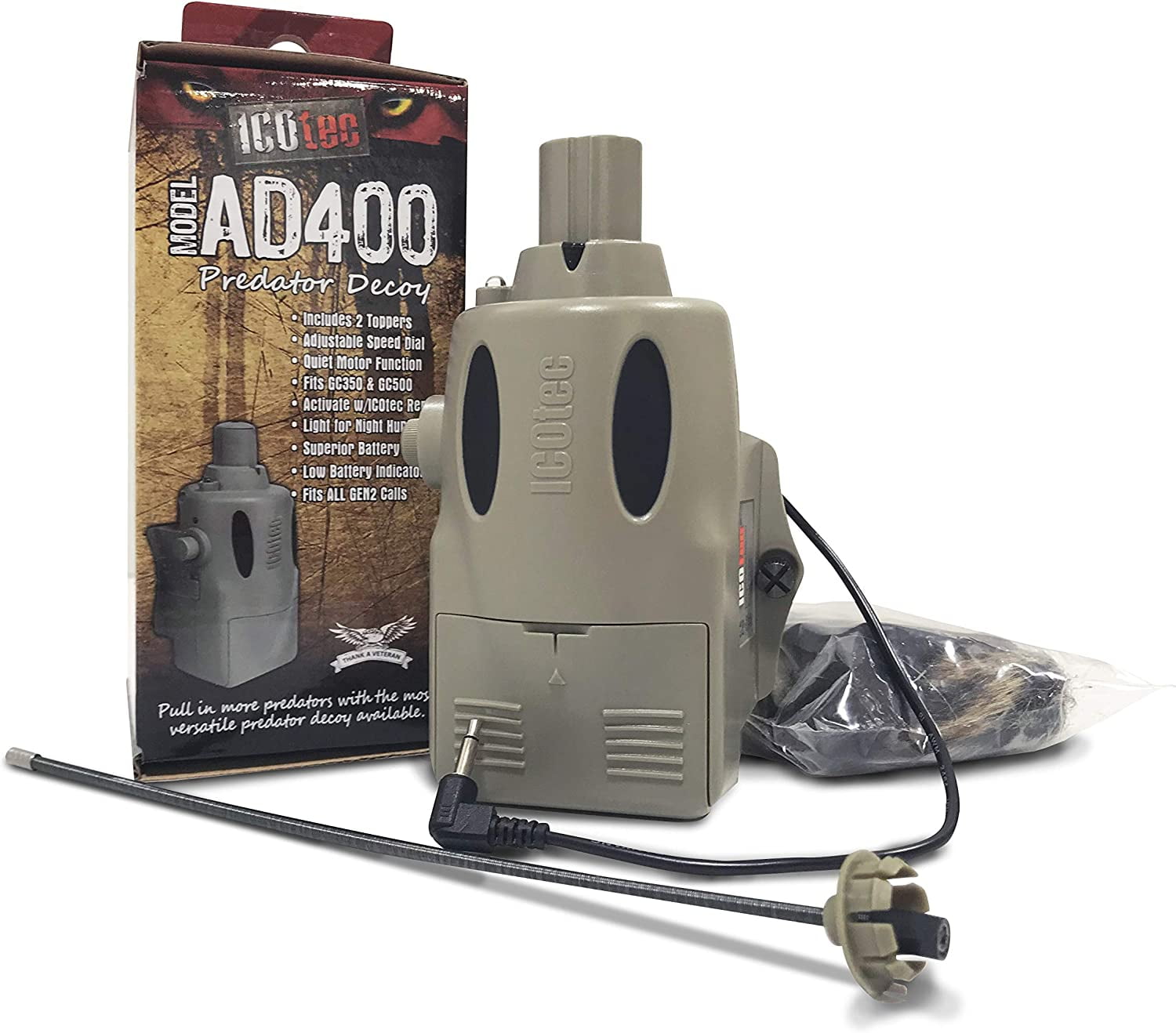 Icotec AD400 Electronic  Decoy  Lightweight, Compact, and Quiet  Includes Speed Dial, Intermittent Motion, LED Lights, 2 Quick Change Toppers  for Use GC300, GC320, GC350 and GC500