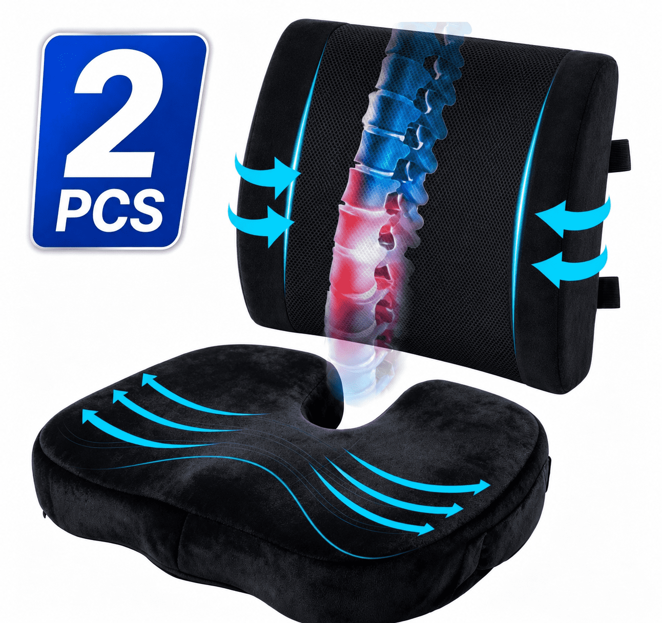 Guttylief Coccyx Seat Cushion & Lumbar Support Pillow for Office Chair, Wheel Chair and  Car, Memory Foam Back & Tailbone Support, Black