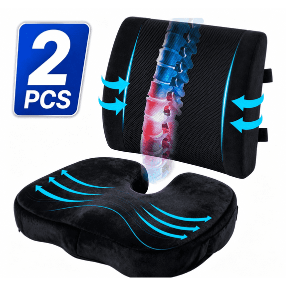 Guttylief Coccyx Seat Cushion & Lumbar Support Pillow for Office Chair, Wheel Chair and Car, Memory Foam Back & Tailbone Support, Black