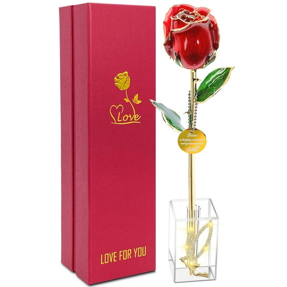 Icreer 24k Gold Rose Mothers Day for Mom Best Gifts,Real Rose Dipped 24K Gold,Best Gifts for Valentines Day Christmas Birthday for Women,Her,Grandma(Red,Crystal Stand) C95