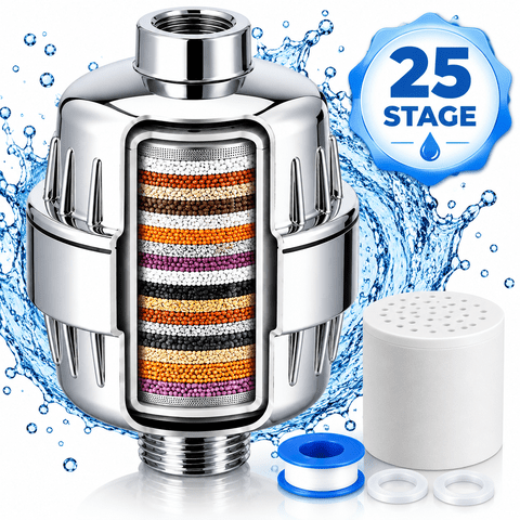 Icreopro 25-Stage Shower Head Filter with 2 Cartridges, Chrome-Finish ABS Inline Shower Filter for Fixed, Rainfall and Handheld Showers, Helps Reduce Chlorine Odor, Sediment & Particles