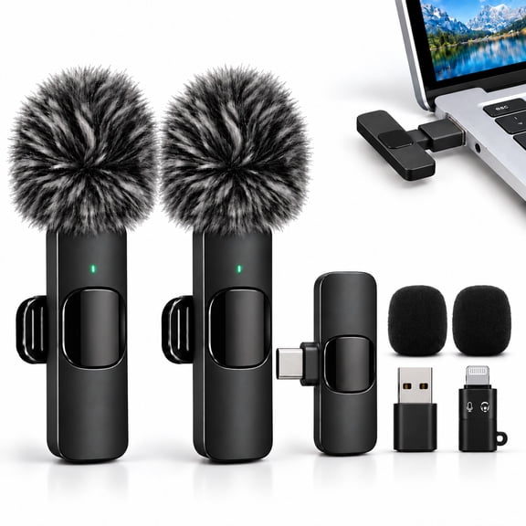 ICREOPRO 3-in-1 Wireless Lavalier Microphone, Dual Noise Reduction Mics for iPhone, Android, Camera & PC, Video Recording, Vlog, Podcast & Interviews
