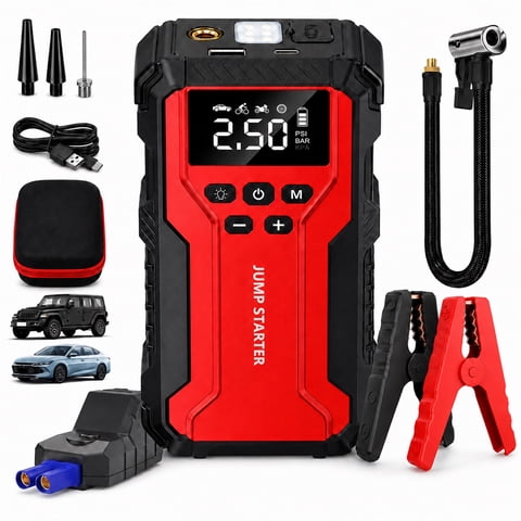 ICREOPRO Portable Car Battery Jump Starter with Air Compressor, 3000A Peak, 150 PSI Auto-Shutoff Tire Inflator, Car Battery Booster with 8000mAh USB Power Bank and LED Light