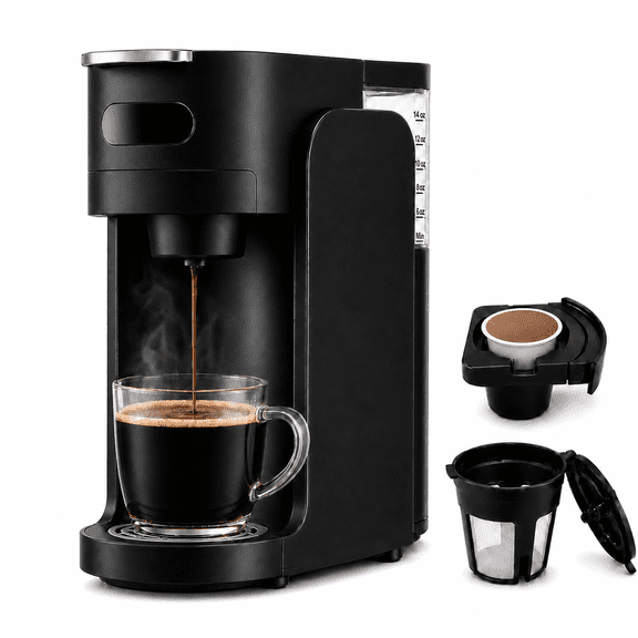 Icreopro Single Serve Coffee Maker, 2-in-1 Pod and Ground Coffee Brewer with Reusable Filter, 14 oz Water Reservoir, Fast Heat-Up, Black