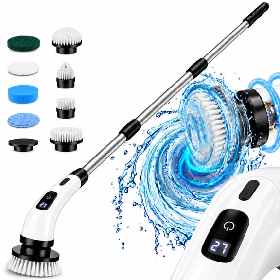 Icreopro Cordless Electric Spin Scrubber, Bathroom and Shower Cleaning Brush with 8 Heads, 2 Speeds, 45-Inch Handle for Tub, Tile, Grout and Floor