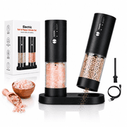 Icreopro Electric Salt and Pepper Grinder Set, 2 Pack Automatic Pepper Mills with 4 Timer Settings, 5 Adjustable Coarseness Levels, LED Light, USB-C Rechargeable, 118 mL, Black