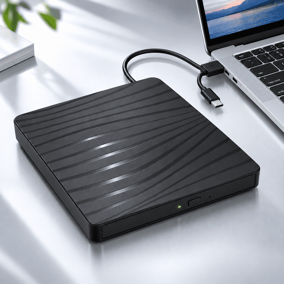 Icreopro External CD DVD Drive, USB 3.0 Portable DVD-RW Burner with USB-C Adapter for Laptop and Desktop, Black