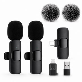 Icreopro Wireless Lavalier Microphone, Dual Clip-on Mic Kit with USB-C Receiver and 2 Adapters, 48kHz/16-Bit, Black