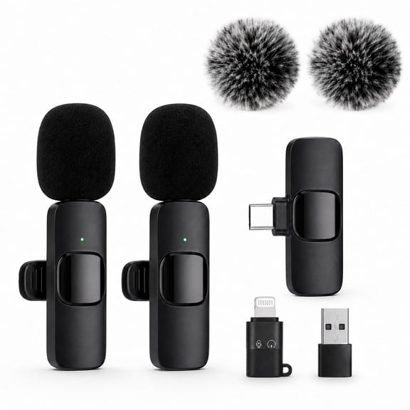 Icreopro Wireless Lavalier Microphone, Dual Clip-on Mic Kit with USB-C Receiver and 2 Adapters, 48kHz/16-Bit, Black