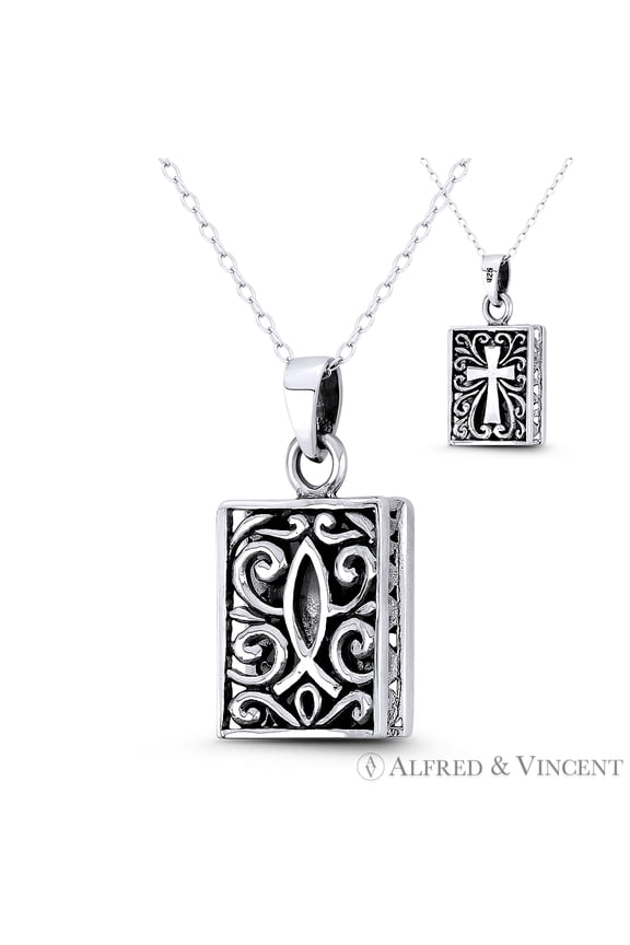 Icthus Fish & Flared Cross Pattee 29x14mm (1.1x0.55in) Reversible Pendant & Chain Necklace in Oxidized .925 Sterling Silver