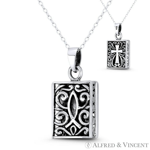 Icthus Fish & Flared Cross Pattee 29x14mm (1.1x0.55in) Reversible Pendant in Oxidized .925 Sterling Silver