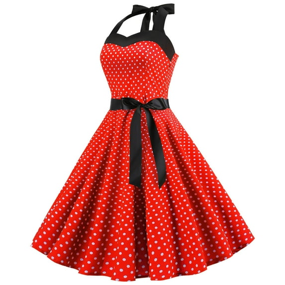 Icuanyi Womens Dresses Clearance Fashion Womens A Line Flare Vintage Dress Halter BowKnot Prom Swing Short Sleeve Polka Dot Printing Party Dress