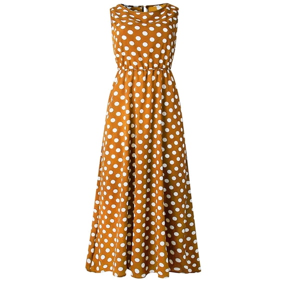 Icvfdpl Casual Dresses For Women Maxi Crew Neck Dot Printed Sleeveless A Line Pleated Loose Ruched Flowy Tank Leisure Sundress Trendy Woman Outwear Yellow S