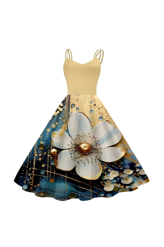 Casual Dresses For Women Vintage Sleeveless Knee Length Retro A Line Flared Swing Formal Prom Party Leisure Sundress Hawaii Woman Clothing Yellow S