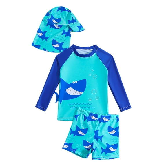 Icvfdpl Children Summer Long Sleeved Cartoon Print Swimsuit Short Pants Hat Three Piece Set Stylish Beach Wear