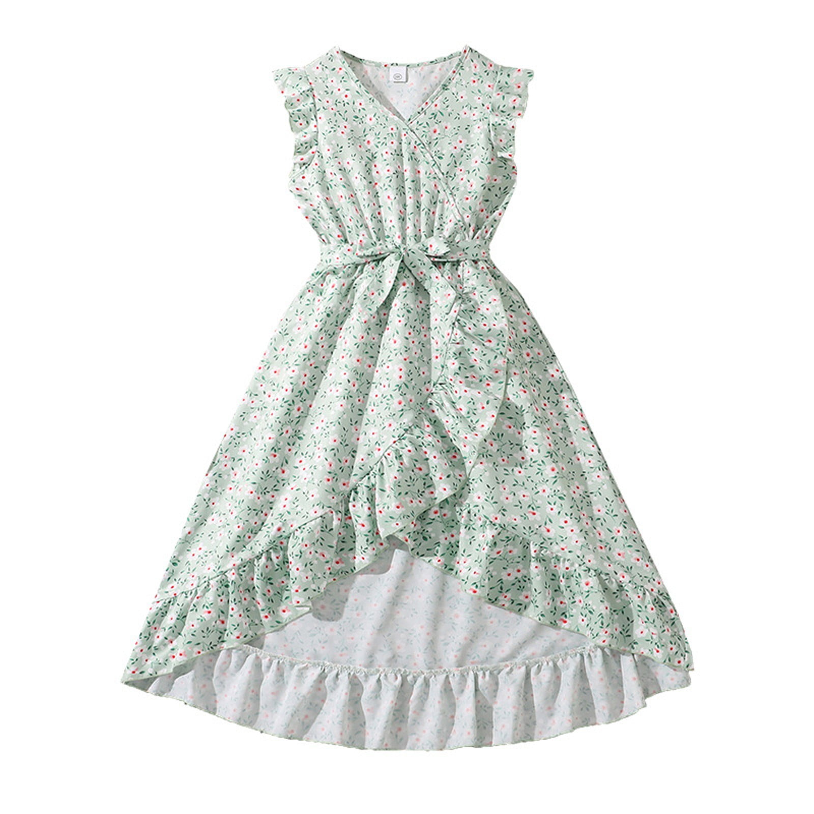 Icvfdpl Kids Girls Summer Dress Spring Elegant V Neck Maxi With Ruffle Hem Adjustable Waist Sundress Green Cotton 10-11 Years