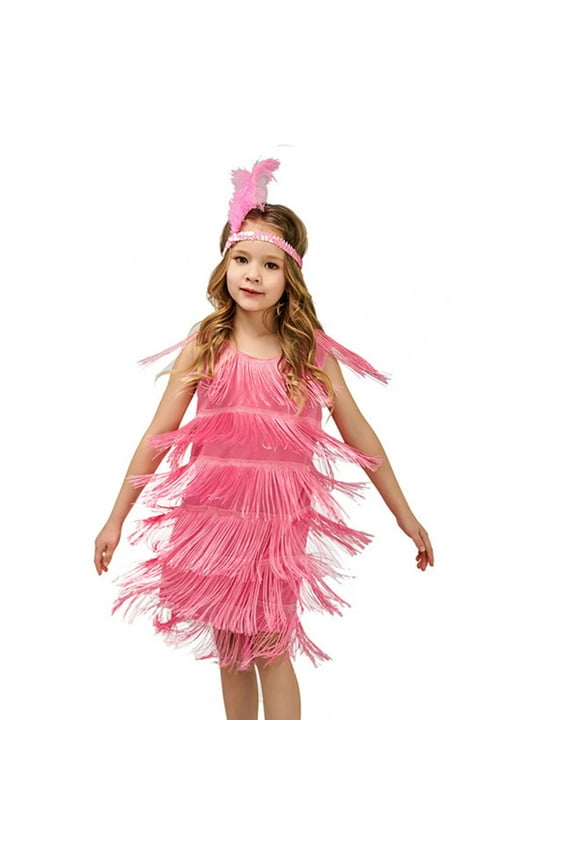Girl Dresses For Toddler Flapper Sequins Fringe Latin Dance Tassel Tango Ballroom With Feather Headband Pink Cotton 4-6 Years