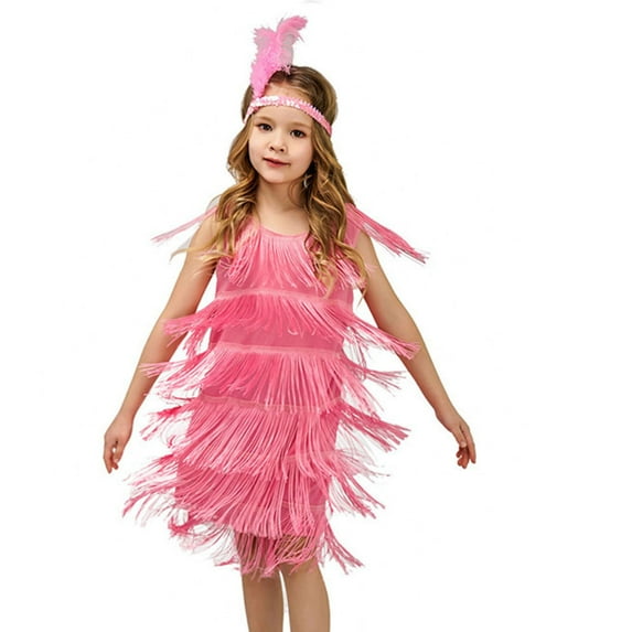 Icvfdpl Girl Dresses For Toddler Flapper Sequins Fringe Latin Dance Tassel Tango Ballroom With Feather Headband Pink Cotton 4-6 Years