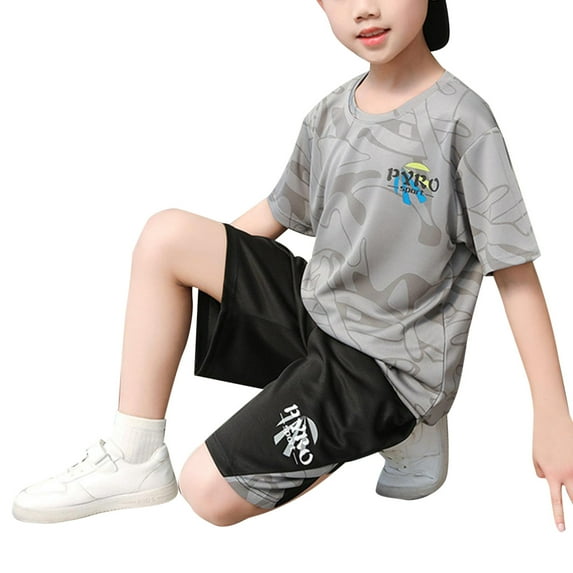 Icvfdpl Kids Boys Outfits Summer New Quick Drying Sports Set Wicks Sweat Short Sleeved Shorts 2 Piece Basketball Suit With Pocket Breathable 12-13 Years