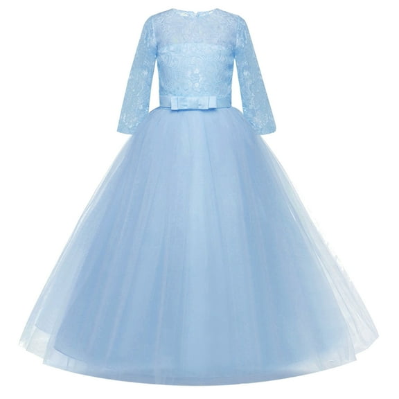 Icvfdpl Kids Flower Girl Dress Formal Party Ball Princess Tulle Gown Pageant Wedding Flower Puffy Prom Bridesmaid Lace Skirt Blue Cotton 5-6 Years