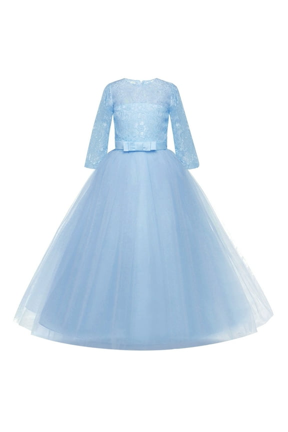 Kids Flower Girl Dress Formal Party Ball Princess Tulle Gown Pageant Wedding Flower Puffy Prom Bridesmaid Lace Skirt Blue Cotton 5-6 Years