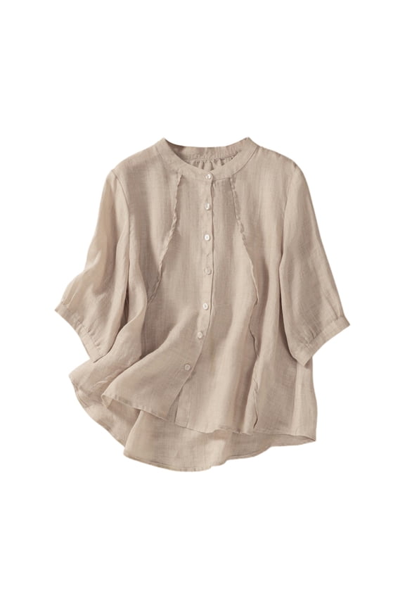 Ladies Summer Solid Color Cotton Linen Artistic Retro Loose Fit Stand Half Sleeve T Shirt Top