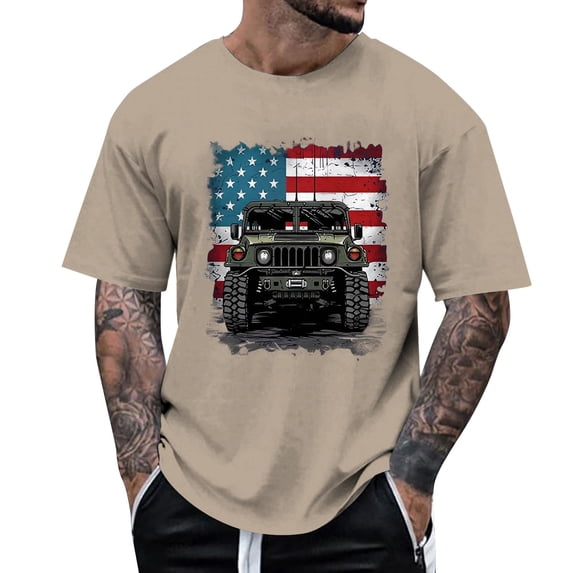 Icvfdpl Male Independence Day Print Short Sleeve Crew Neck T Shirt Floral Fashion Trend Bottoming Shirt