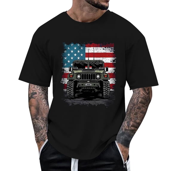 Icvfdpl Male Independence Day Print Short Sleeve Crew Neck T Shirt Floral Fashion Trend Bottoming Shirt