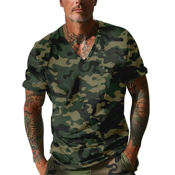 Icvfdpl Men Shirts Short Sleeve Summer V Neck Prints Holiday Tops Camouflage Casual Mens Tees Blouse Xl