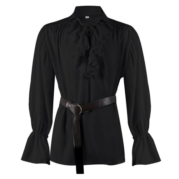 Icvfdpl Mens Shirts Festival Lace Up Puffy Sleeve Top Ruffled Vintage Clothes Casual Blouse Comfy Man Daily Wear Black Xl