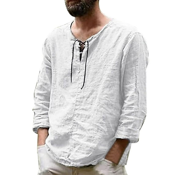 Icvfdpl Mens T-Shirts Casual Solid Color Splice V Neck Blouse Drawstring Long Sleeve Top Tee Shirt Trendy Man Streetwear White S