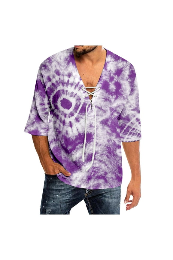 Mens Tee Shirt Spring And Summer Casual Tie Dye Print T Shirts Lacing V Neck 3/4 Sleeve Tops Stretchy Lightweight Man Tshirt
