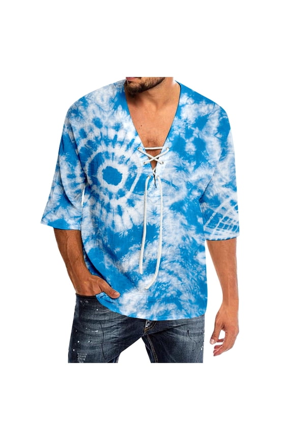 Mens Tee Shirt Spring And Summer Casual Tie Dye Print T Shirts Lacing V Neck 3/4 Sleeve Tops Versatile For Everyday Wear In Most Settings