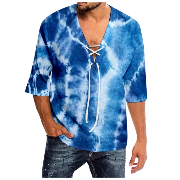 Icvfdpl Mens Tee Shirt Spring And Summer Casual Tie Dye Print T Shirts Lacing V Neck 3/4 Sleeve Tops Versatile For Everyday Wear In Most Settings