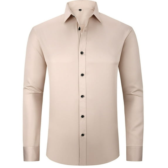 Icvfdpl Shirts For Men Stretch Slim Fashion Business Casual Solid Color Long Sleeve Beige Breathable Mens T-Shirts L