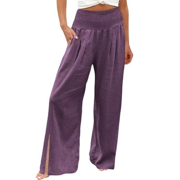 Icvfdpl Summer Pants For Women 2024 High Waist Palazzo Prints For Smocked Elastic Waisted Loose Comfy Split Pajama With Pockets Work Casual Wide Leg Trousers Trendy Female Outwear