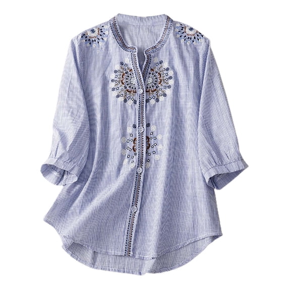 Icvfdpl Summer Women'S Vintage Embroidered Cotton Linen Stand Half Sleeve T Shirt Blouse
