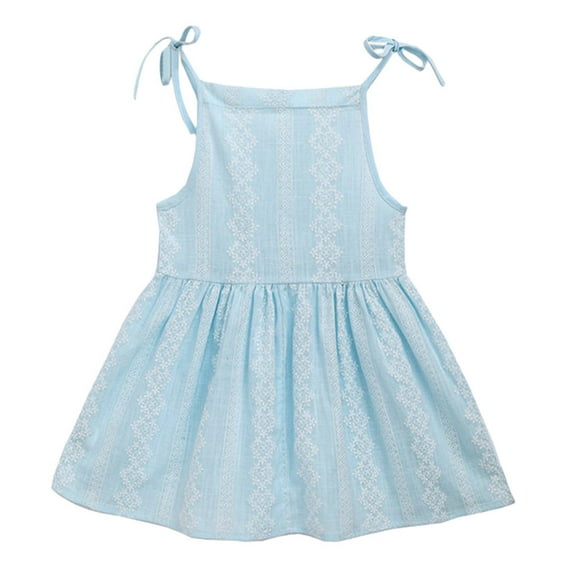 Icvfdpl Toddler Baby Girl Dress Kid Solid Flower Striped Princess Party Sun Clothes Blue Cotton 2-3 Years