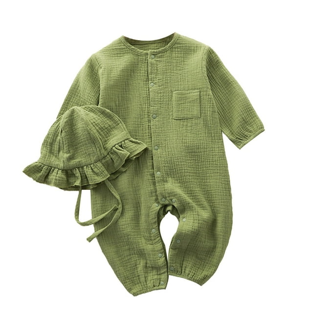 Icvfdpl Toddler Boy Girl Outfit Romper Long Sleeve Button Down Shirt Romper Fall Newborn Romper With Hat Soft 12-24 Months