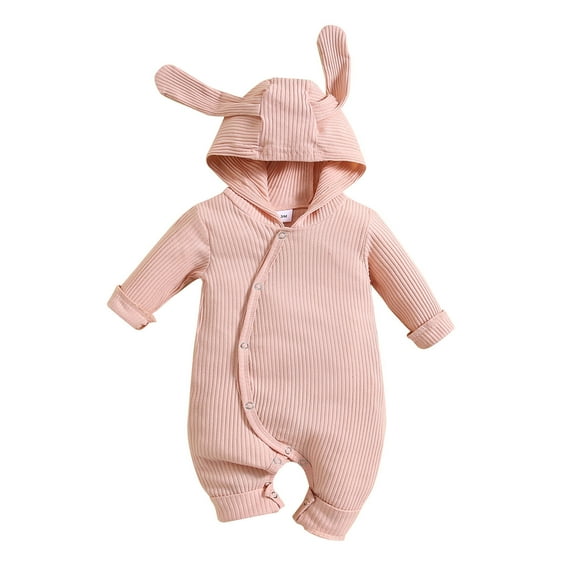 Icvfdpl Toddler Girls Boy Long Sleeve Hooded Suspenders Solid Color Rabbit Ear Romper Jumpsuit Clothes stylish Baby Daily Wear