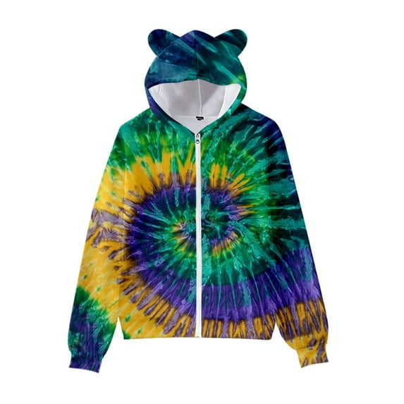 Icvfdpl Toddler Girls Hoodies New Tie Dye 3D Printed Cat Ears Zipper Hoody For Children With Pullover Cute Baby Outwear
