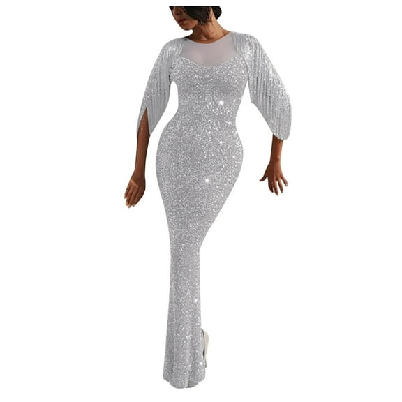 Icvfdpl Wedding Guest Dresses For Women New Solid Color V-Neck Sexy Sequined Lace Mesh Stitching Hem Slit Party Dress