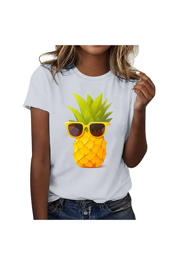 Women Fashion T-Shirt Ladies Casual Pineapple Print T Shirt Short Sleeve Tops Dailywear Tee Shirts
