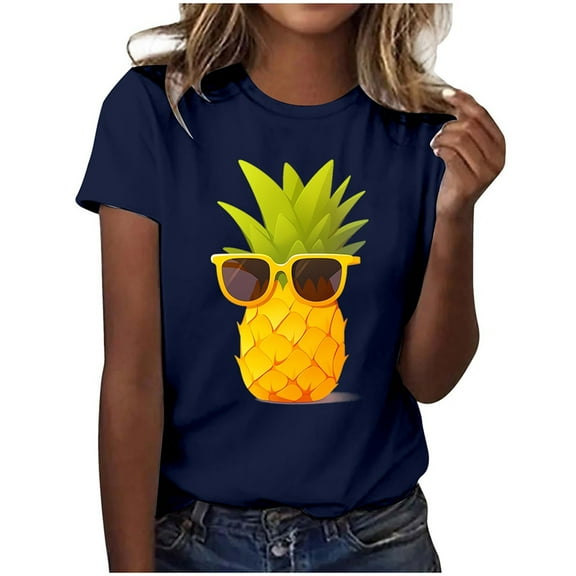 Icvfdpl Women Fashion T-Shirt Ladies Casual Pineapple Print T Shirt Short Sleeve Tops Dailywear Tee Shirts