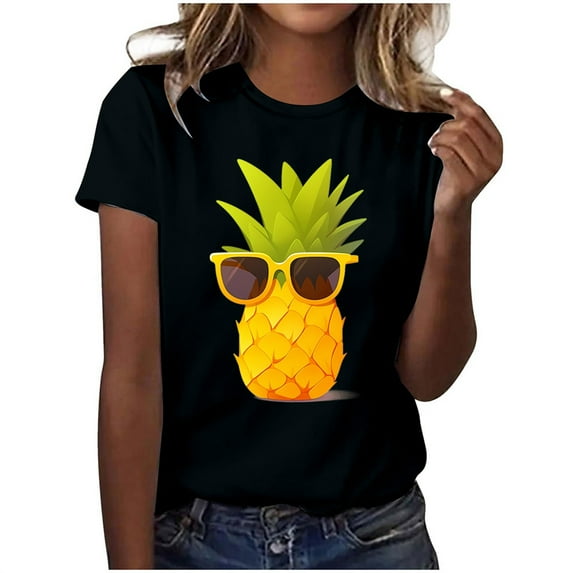 Icvfdpl Women Fashion T-Shirt Ladies Casual Pineapple Print T Shirt Short Sleeve Tops Outwear Shirts