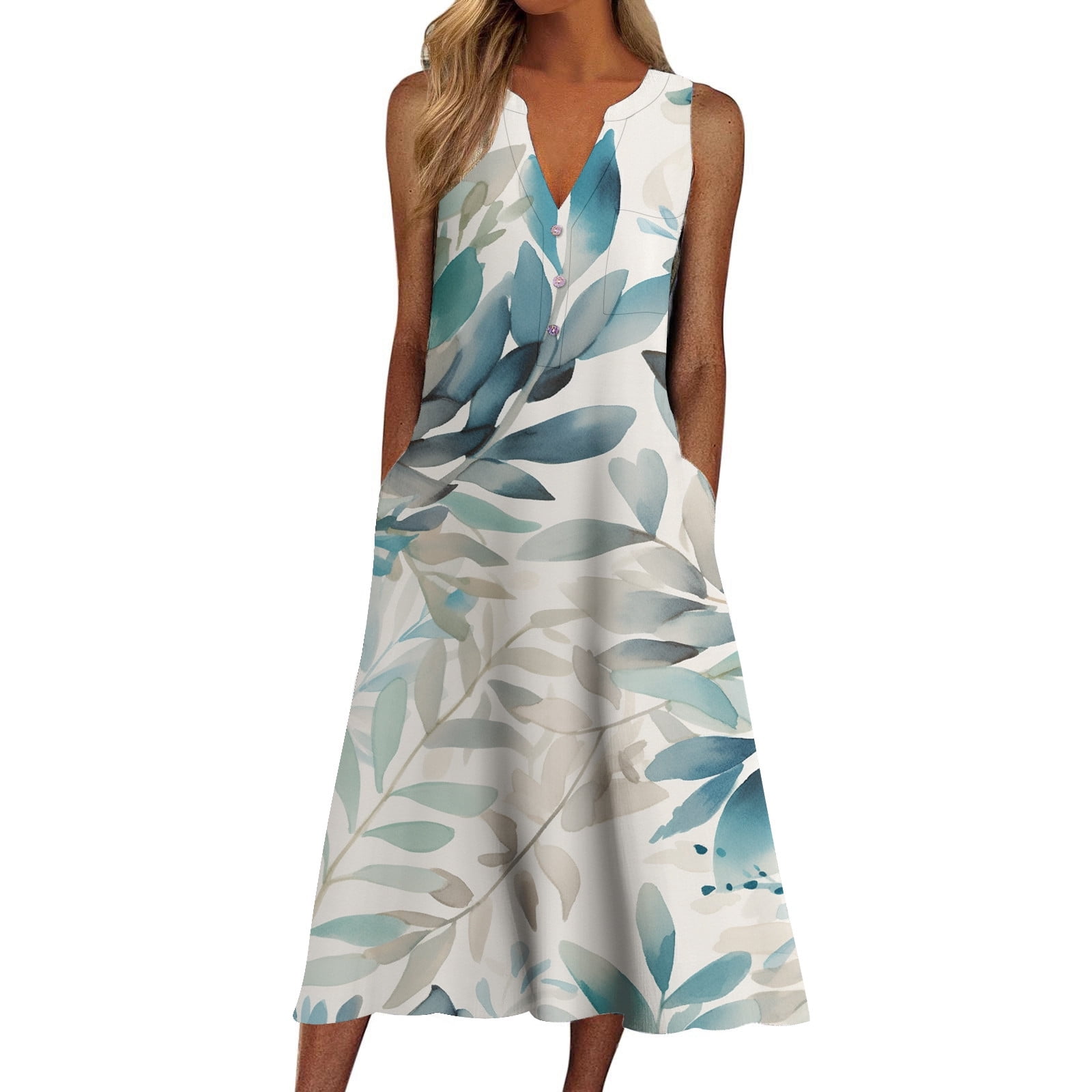 Icvfdpl Women'S Casual Dresses Leisure Loose V Neck Sleeveless Button  Flower Printed Pocket Sundress Hawaiian Island Female Streetwear